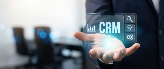 South Asian adult businessman cupping a glowing digital CRM interface with marketing and analysis icons in a dark office, representing customer relationship management and business growth.