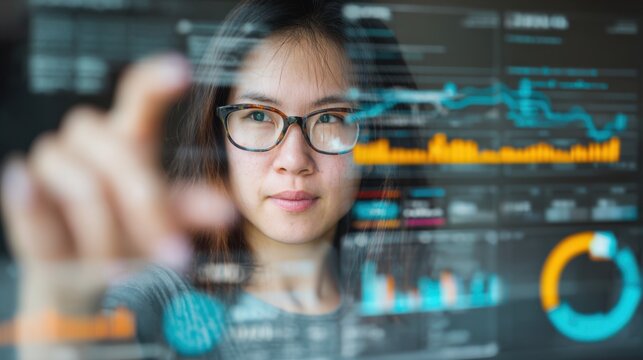 Medium shot depicting a nonprofit leader analyzing donor interaction data on a dynamic digital interface aiming to optimize outreach and foster lasting relationships. - Powered by Adobe