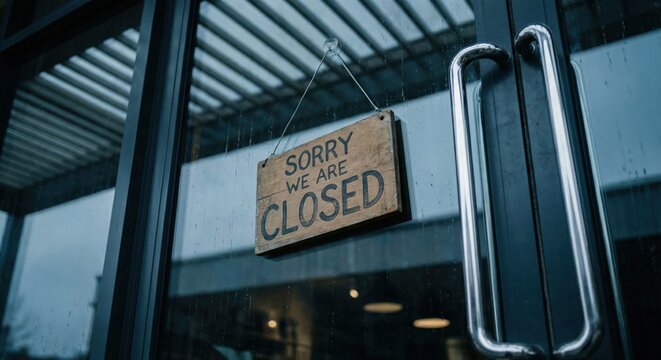 Low angle view of a wooden sorry we are closed sign hanging on a glass door of a small business or retail store during the evening, representing bankruptcy, end of shift, or holiday break.