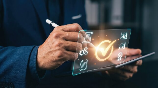 Adult South Asian businessman in navy suit jacket using digital tablet with holographic icons for quality control certification and business management in professional office setting. - Powered by Adobe