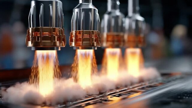 Industrial Propulsion: A dynamic row of rocket engines roars to life, launching fiery exhaust plumes and billows of smoke, symbolizing powerful industrial advancements.