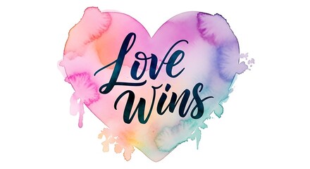 Watercolor heart with love wins text in dark blue script on pink purple background