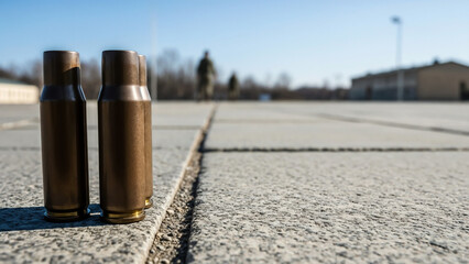 Three bullet casings on empty pavement symbolizing aftermath and isolation