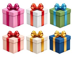 Six colorful gift boxes with ribbons, perfect for celebrations