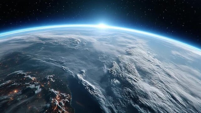 Sunrise over Earth: A breathtaking view of Earth from space, where the sun's golden rays begin to illuminate the horizon, creating a stunning visual display.