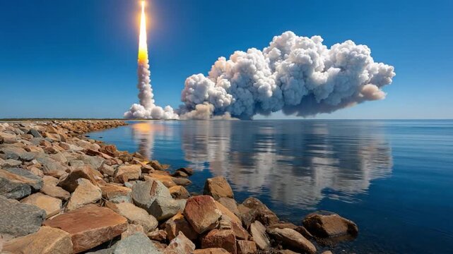 Rocket Launch Amidst Water: A powerful rocket streaks skyward from the launch site, leaving a trail of fire and smoke as it ascends.