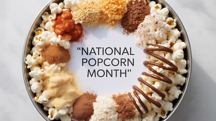 Assorted flavored popcorn arranged in a circular pattern with text celebrating National Popcorn Month