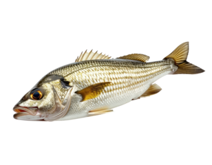 A silver-scaled fish with fins, isolated against a solid black background