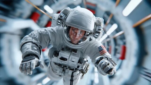 Astronaut in Space: An astronaut floats weightlessly, clad in a pristine spacesuit, traversing the interior of a futuristic spaceship or space station, with a focus on exploration and adventure.