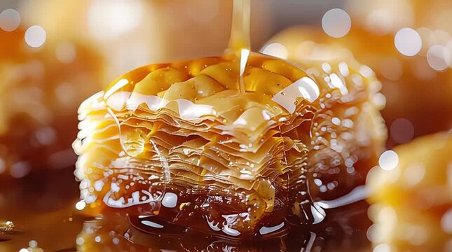 A delectable close-up shows golden honey slowly cascading over a freshly baked, flaky baklava pastry.