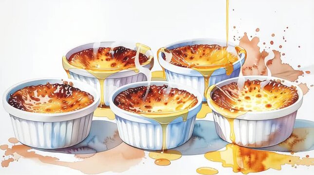 Several cr?me br?l?e desserts in white ramekins are artistically depicted with golden caramel sauce being poured, in a vibrant watercolor style.