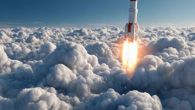 Rocket Ascent Above the Clouds: A powerful rocket launches skyward, piercing through a sea of fluffy clouds, symbolizing ambition, exploration, and the relentless pursuit of progress.