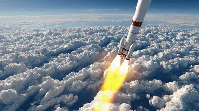 Rocket Launch Ascent Above the Clouds: A powerful rocket ascends majestically through the sky, its engines blazing as it pierces through a sea of fluffy clouds.