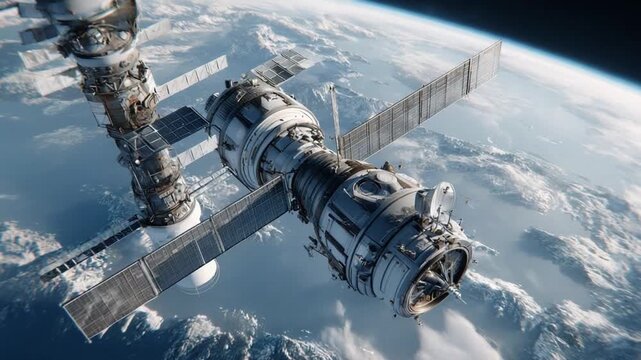 Orbital Outpost: A modern space station gracefully orbits Earth, showcasing human ingenuity in the vastness of the cosmos, highlighting our continuous exploration of space and beyond.