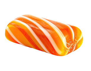 Close-up of a hard candy with orange and white diagonal stripes