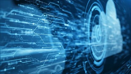 Abstract animation of cloud computing and data transfer across a digital network. Visualizes digital information flow. - Powered by Adobe