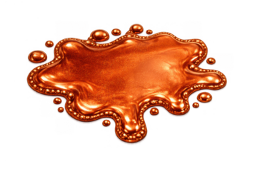 Copper liquid splash creating an abstract fluid shape with shiny metallic texture and molten droplets on transparent background