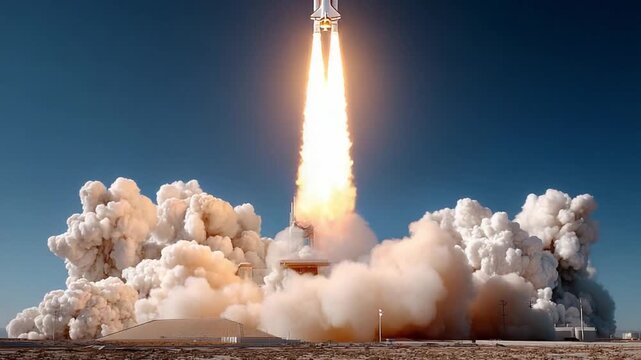 Lift-off: A majestic rocket erupts from its launchpad, sending billowing smoke and flames into the clear blue sky, capturing the dawn of a new space journey.