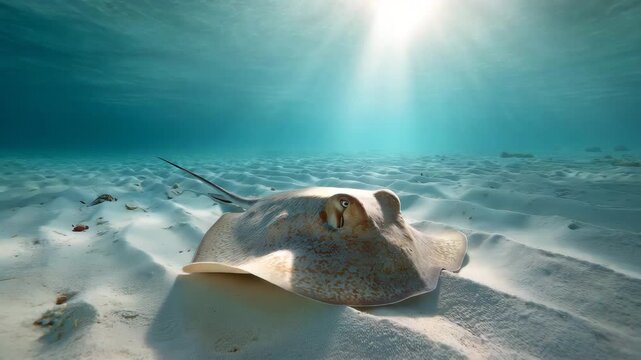 砂に潜むアカエイの静かな海中シーン