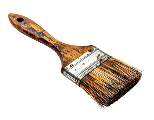 Close-up of a well-used paint brush with wooden handle and metal ferrule