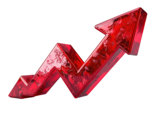 Red, textured glass arrow pointing upwards on a black background