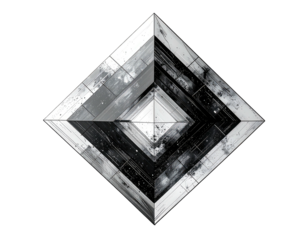 Geometric diamond composed of layered grayscale panels on a black background