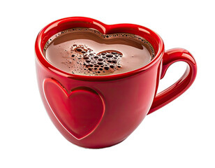 Red heart-shaped mug filled with rich hot chocolate, top view