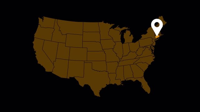 High quality 4K animation of the Connecticut state map with a location pin marker. Clean and modern motion graphic suitable for travel content, navigation concepts, business location visuals, news bac