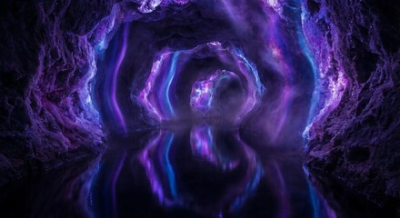 Enchanting cosmic cave tunnel with glowing nebula and reflective water