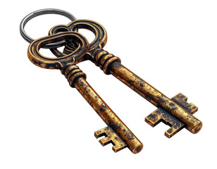 Two antique, rusty brass keys on a ring, slightly angled