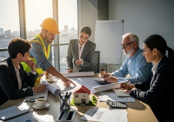 Diverse team of professionals reviews construction blueprints and building model during meeting