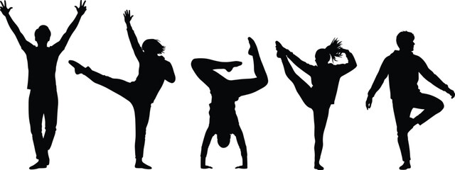 Silhouette of young dancers performing dynamic poses and acrobatic movements expressing flexibility, balance, coordination and energetic artistic motion