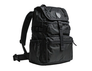 Black, structured backpack with multiple compartments and straps