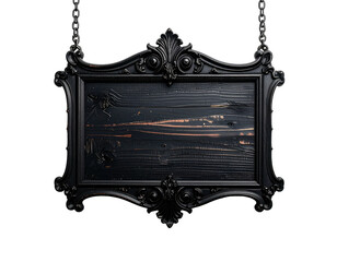 Ornate, black wooden sign suspended by chains, against dark background