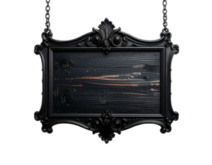 Ornate, black wooden sign suspended by chains, against dark background