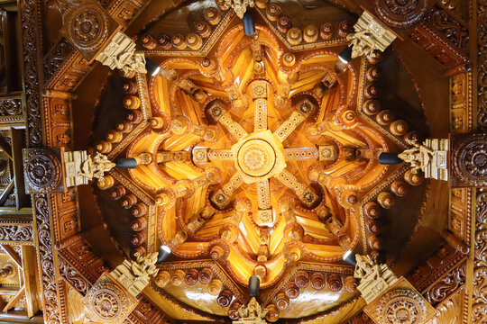 An Enchanting view of the wood art of the Ceiling of a Jain temple architecture, design, modern, decoration, fine art, sculpture in India.