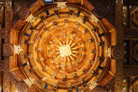 An Enchanting view of the wood art of the Ceiling of a Jain temple architecture, design, modern, decoration, fine art, sculpture in India.