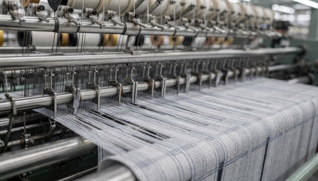 Closeup medium shot of mediumduty webbing being woven on parallel multiple needle looms showcasing texture and mechanical precision in a busy factory.