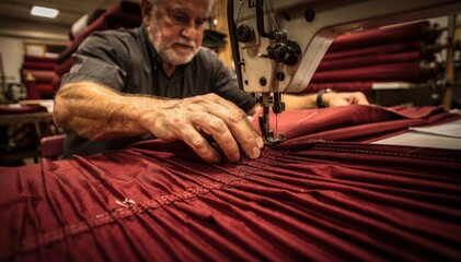 Medium shot of a craftsman carefully sewing pleated fireresistant theater curtains highlighting detailed stitching and flameretardant fabric texture.