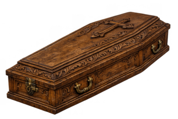 Ornate wooden coffin with carved cross and decorative handles, symbolizing death, funeral, and burial rituals