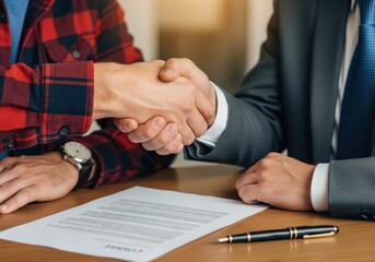 Two individuals complete a professional agreement with a firm handshake over important paperwork.