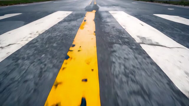 Low angle view wet asphalt pedestrian zebra crossing bold yellow center line dramatic road perspective urban street safety