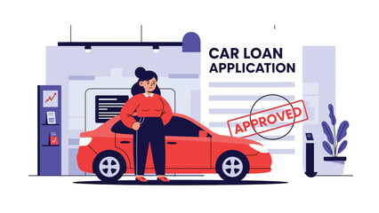 Flat vector illustration of happy person celebrating approved car loan beside new vehicle, representing auto financing, credit approval, consumer lending, and successful purchase decision