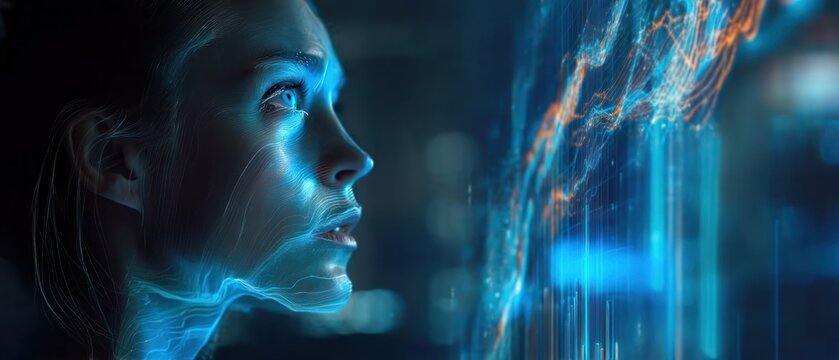 Woman interacting with futuristic digital interface - Powered by Adobe