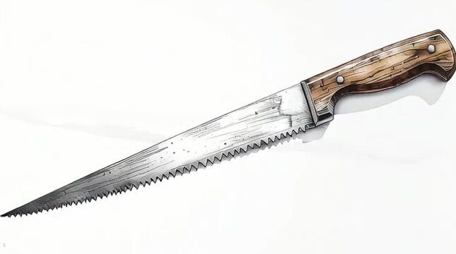 A meticulous hand-drawn illustration of a long, sharp serrated knife with a wooden handle, presented on a clean white background.