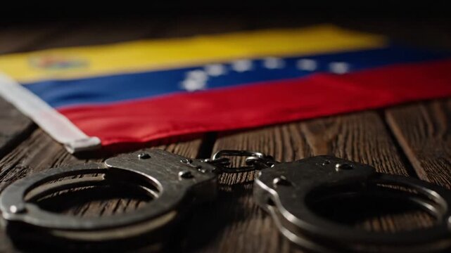 A powerful and dramatic close-up shot features a pair of shiny metal handcuffs resting prominently on a dark, rustic wooden surface. In the softly blurred background, a vibrant tricolor flag, with dis