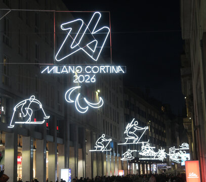 Milano, MI, Italy - January 2, 2026: Bright decorations for the Milan Cortina Winter Olympics and the symbols of the Olympic disciplines
