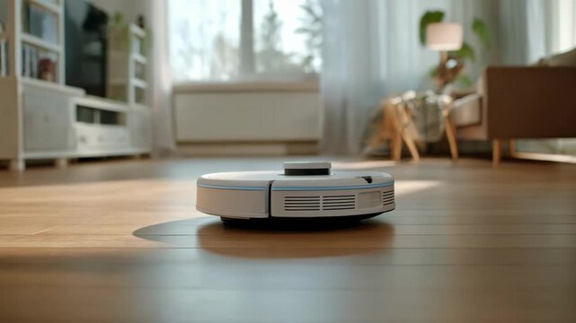 Closeup medium shot of an advanced robotic mop gliding over hardwood floors leaving a spotless shine in a bright minimalistic room.