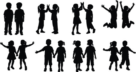 Fototapeta premium Silhouettes of young children interacting, high-fiving, jumping, holding hands and playing together representing friendship, teamwork and joyful childhood connection