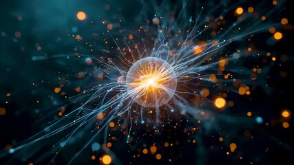 Glowing golden energy burst with radiating blue light beams and sparkling orange particles in dark cosmic explosion - Powered by Adobe